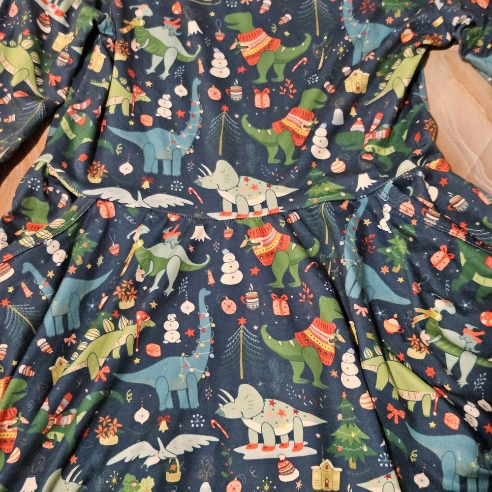 Girls 8/9 Christmas Dinosaur T-Rex Milksilk Twirl Dress Long Sleeve Pockets